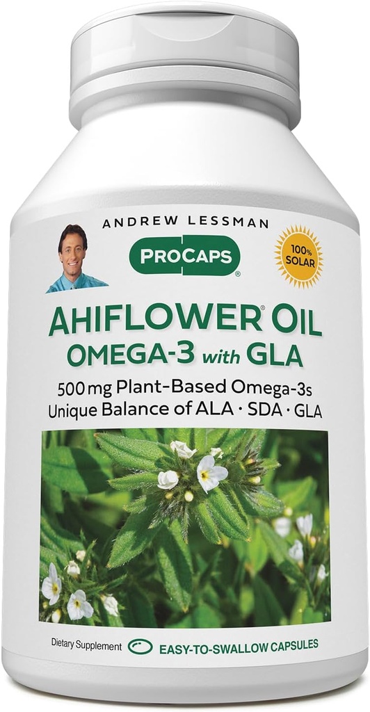 ANDREW LESSMAN Ahiflower Omega-3 配属GLA - 120 软胶 - 唯一平衡的,植物基的基本Omega-3脂肪酸源. 无胃气逆,污染物或水星. 容易吞下来