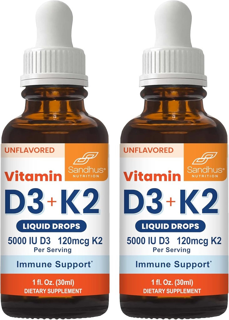 桑德胡的维生素D3 K2 成人药滴 | 5000 IU D3 液体,120mcg K2 补充 1 Fl Oz (Pack of 2) | D3K2 支持高级吸附,能量,免疫,肌肉 男女健康