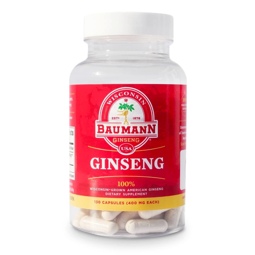 Baumann Wiscinan Ginseng Capsules 130 药丸 400 mg – 每个药丸中纯美的 Ginseng 根提取剂 – 100% 天然 Panax Ginseng 补充 免疫支持、重点和能源