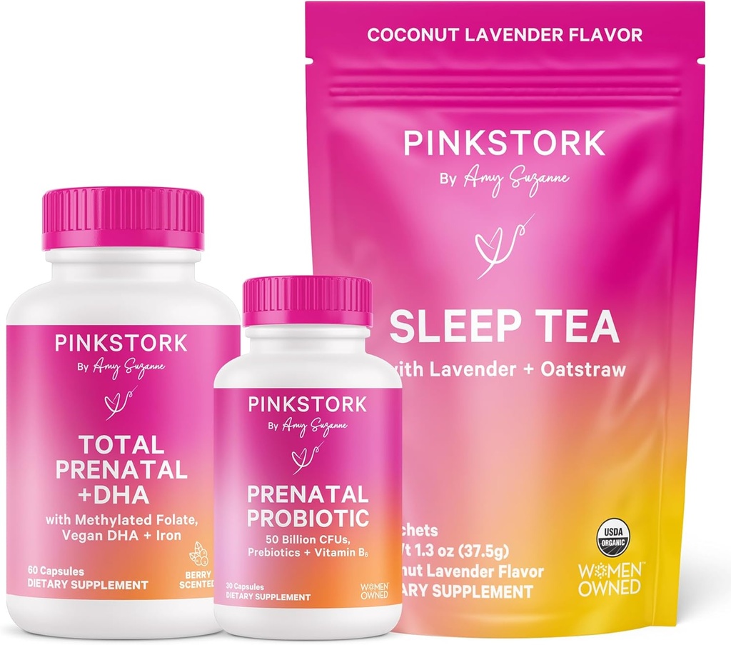 Pink Stork怀孕包:带有DHA & Folate的产前维生素、孕妇的产前避孕药、无梅拉托宁睡眠茶、每三个月必须有的怀孕,3套