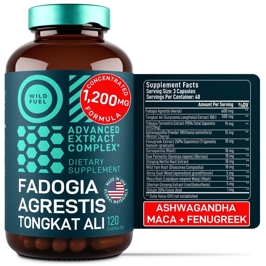 Fadogia Agrestis和Tongkat Ali补编 -- -- 600mg Fadogia Agrestis for Men, 500mg Longjack Tongkat Ali, Ashwagandha Maca Fenugreek 综合体 -- -- 肌肉力量、能源、木质支持 -- -- 120卡普勒