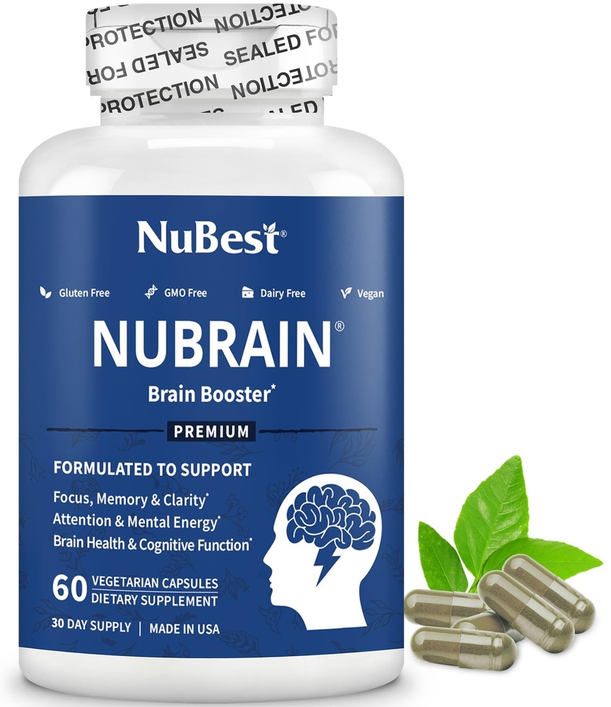 NuBrain 助推器 - 大脑助推器的大脑补充器,记忆,焦点和清晰支持 圣约翰 Wort, Ginkgo Biloba, Bacopa & More - 60 Vegan Capsules QQ 1个月供应