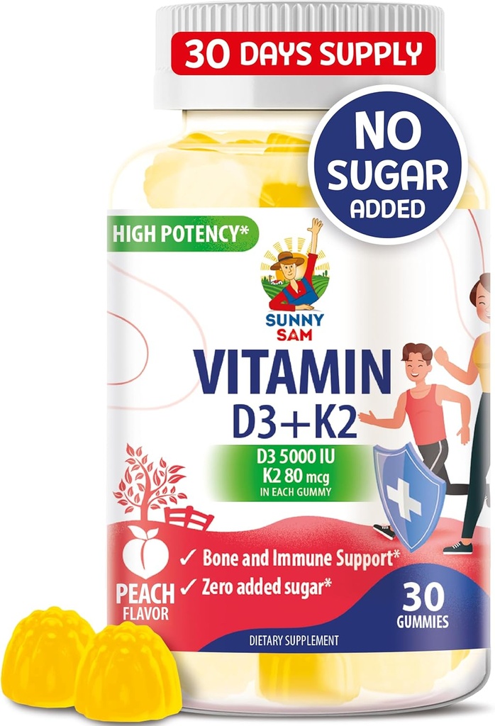 无糖维生素D3 K2 Gummys 5000 IU - Immune & Bone 支持Gummys - 维生素D Gummy 成人补充剂 - 高吸附剂,Vegan,Halal,Gluten-Free Chewable 维生素