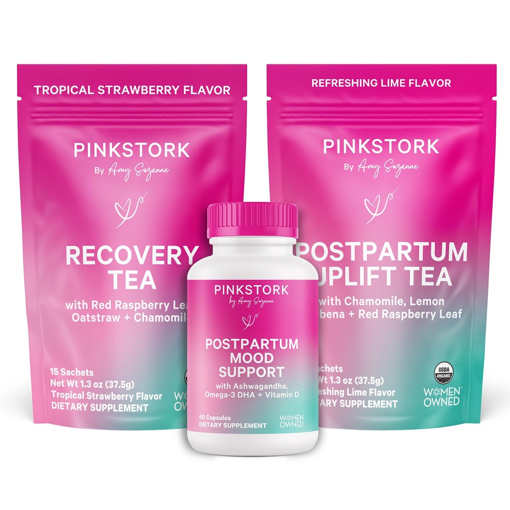 Pink Stork 产后基本必需品 Kit – 荷尔蒙平衡,恢复和混合支持新妈妈 – 产后维他命 Ashwagandha + 草药茶用于缓解压力,能源,睡眠 – 礼物集 – Vegan,有机