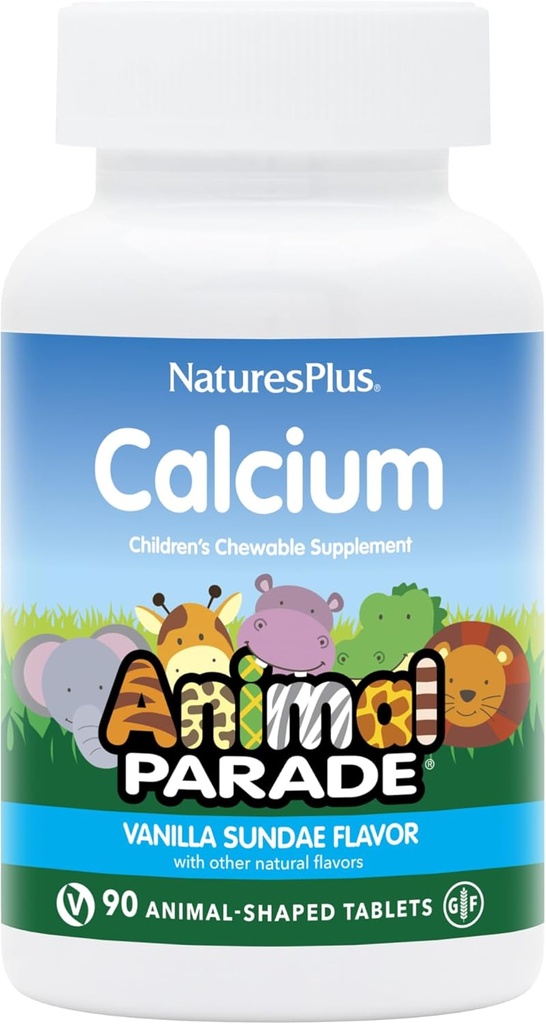 NatusPlus 动物游行 Calcium, Vanilla Sundae Flavor - 90 动物形状的可切片 - 包 2 - 促进健康骨头 - Vegan, Gluten Free - 180 总服务