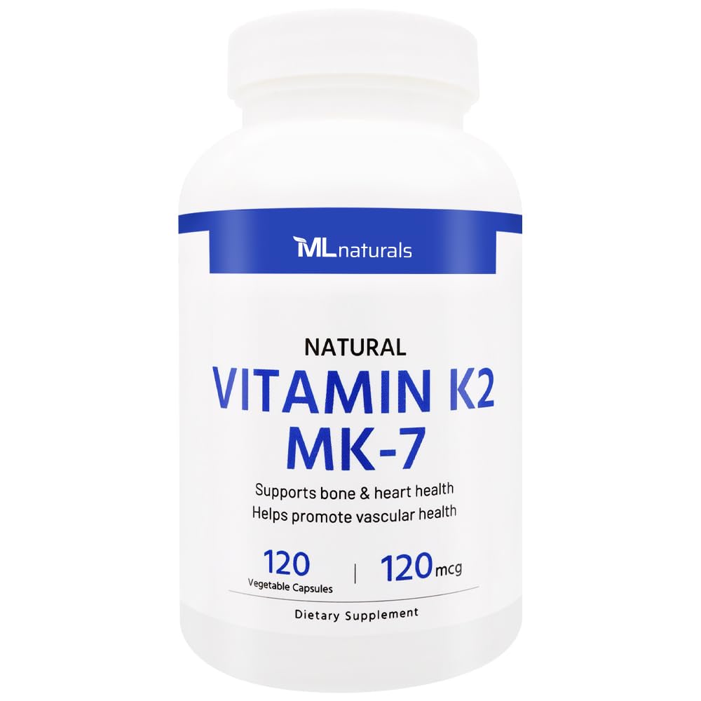 ML Naturals Natural Vitamin K2 MK-7 120 mcg 120 Vegetable Capsules. Natural MK-7/99% All-Trans MK-7. 支持骨骼和心脏健康,帮助促进血管健康,NSF-验证和cGMP-Compliant.