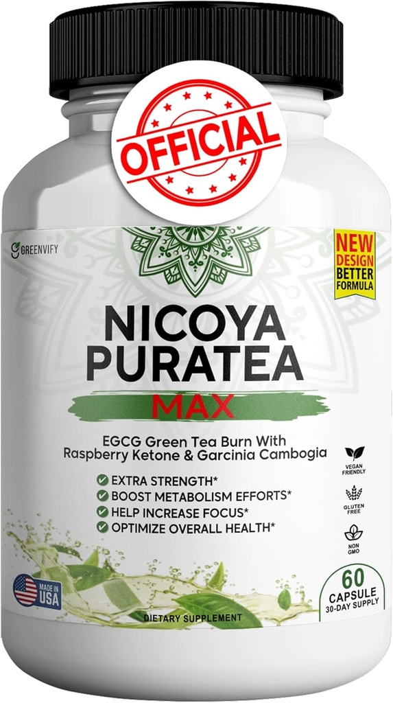 Nicoya PuraTea Max Green Tea 提取和绿色咖啡豆用于代谢支持,自然能源促进剂,抗氧化剂-Rich 补充剂 – 60 Capsules