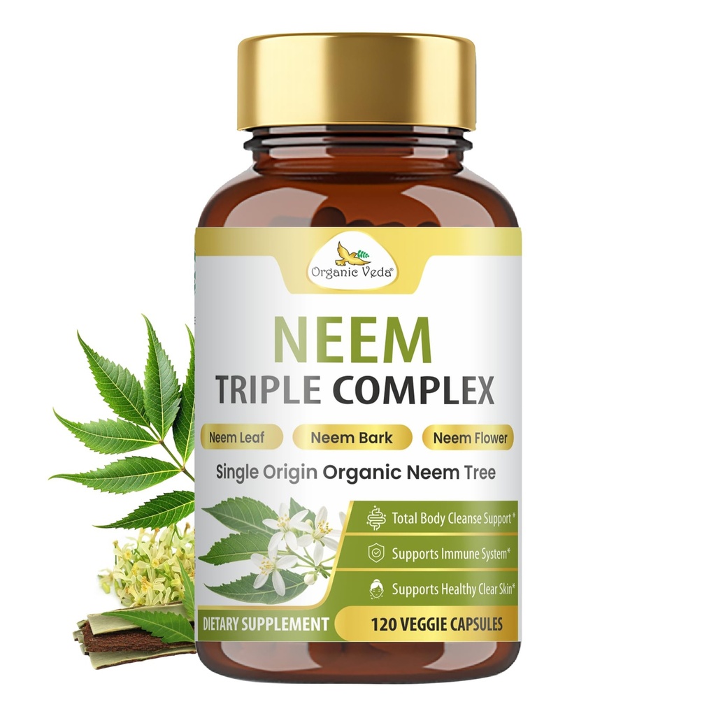 有机维达 Neem Capsules 具有三重复合型 Neem Leaf 提取, Bark & Flower - 草药补充靴豁免, 改进文摘, 皮肤健康与支持清洁 - 120 Counter