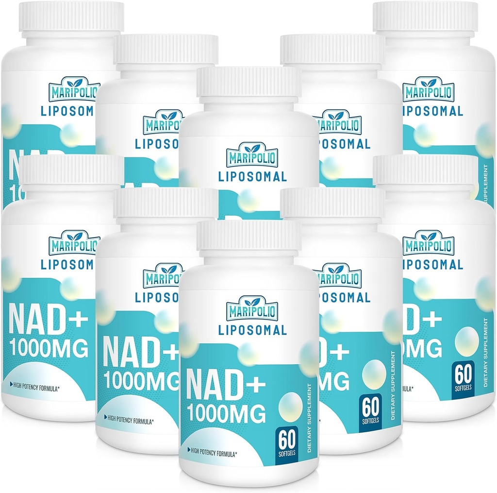 Liposomal NAD+ Supplement 1000 mg → 最高NAD Pontecy → 最大吸收 → 纯NAD Supplement → 能量和DNA修复,老化防御,大脑功能 → 600软胶