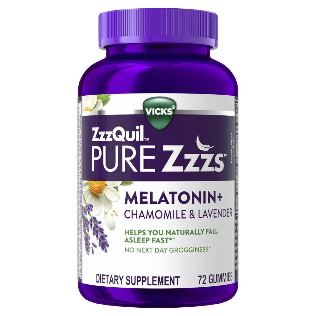 ZzzQuil PURE Zzzs Melatonin Gummys, 睡眠援助社, Melatonin 2mg, 配有 Chamomile & Lavender, Melatonin Sleep Gummys, 成人睡眠援助社, 野莓香草 Flavored, 72 睡眠Gummys