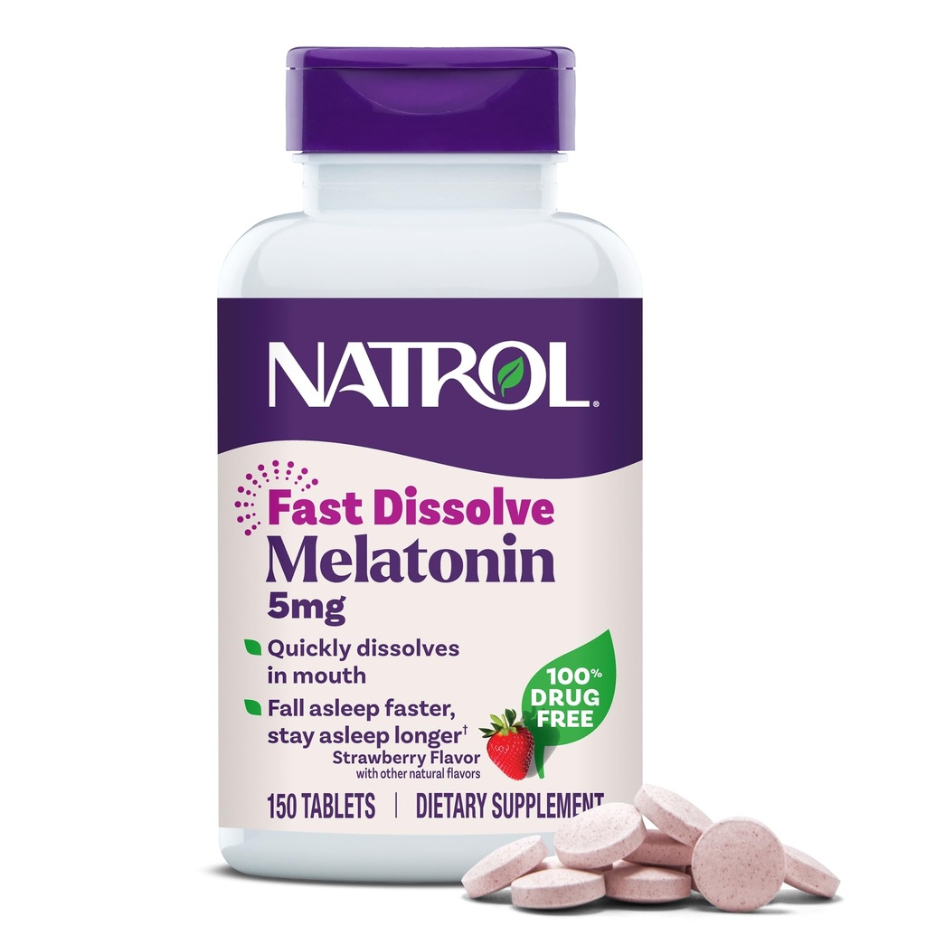 Natrol Melatonin 5mg 快速溶解片,成人睡眠支持补充,草莓 Flavor, 150 片,最多150天供应