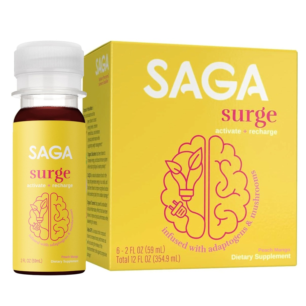 SAGA SURGE 有机能量射击 性能饮料 | Yerba Mate & Alpha GPC 补充 CoQ10, Turmeric & Mushrooms | Pre Workout Boost drink for Focus, 耐力和性能 | 2oz Peach Mango
