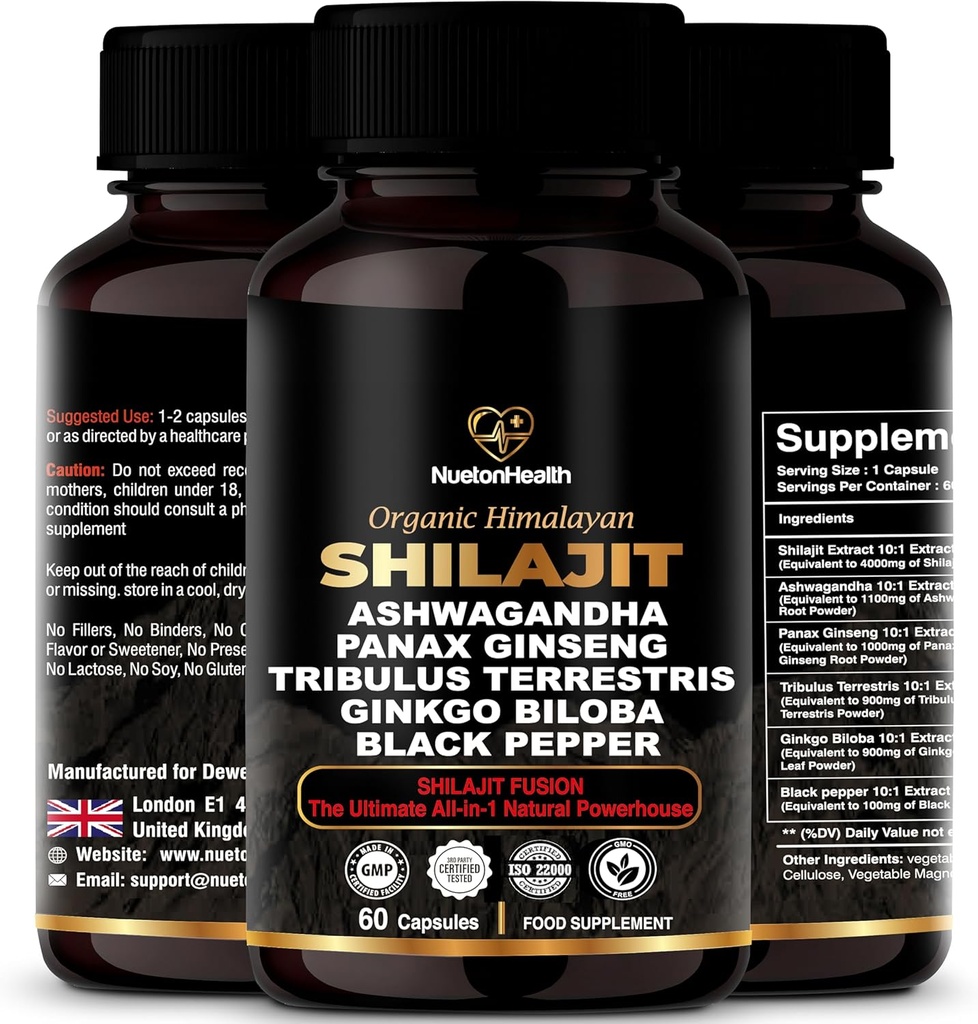 喜马拉雅省Shilajit Capsules配有 Ashwagandha, Ginseng, Tribulus, Ginkgo & Black Pepper – Vegan, Gluten-Free Botanical Blend for Daily Wellness & Virtuality – 60 Capsules (英语).