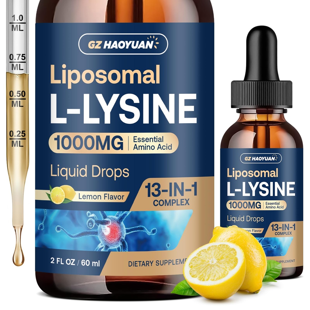 Liposomal L-lysine 1000MG液滴,13-in-1 赖氨酸补充剂 — Monolaurin, 橄榄叶提取剂加维生素C, B6, D3, B12 & Zinc for Colagen, Lip, 皮肤和成人支持, 2oz