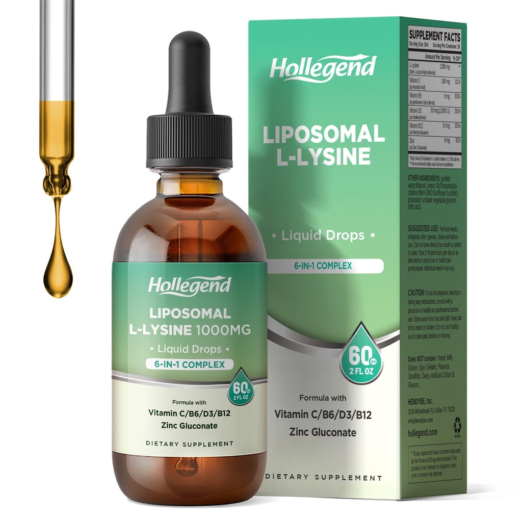 Liposomal L-lysine 1000MG 液滴, 维生素C, B6, D3, B12 & Zinc Gluconate, Skin & Lip Health, Immune & Collagen 生产支持, Lemon Flavor, 2 fl oz 的妇幼脂补充剂
