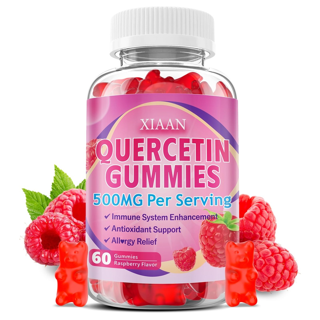 Quercetin Gummys 500mg for Kids & Adults,有机奎素补充剂 Bromelain Zinc Vitamin C和D3 支持抗氧化剂和免疫系统健康,Raspberry Flavor 60 Count
