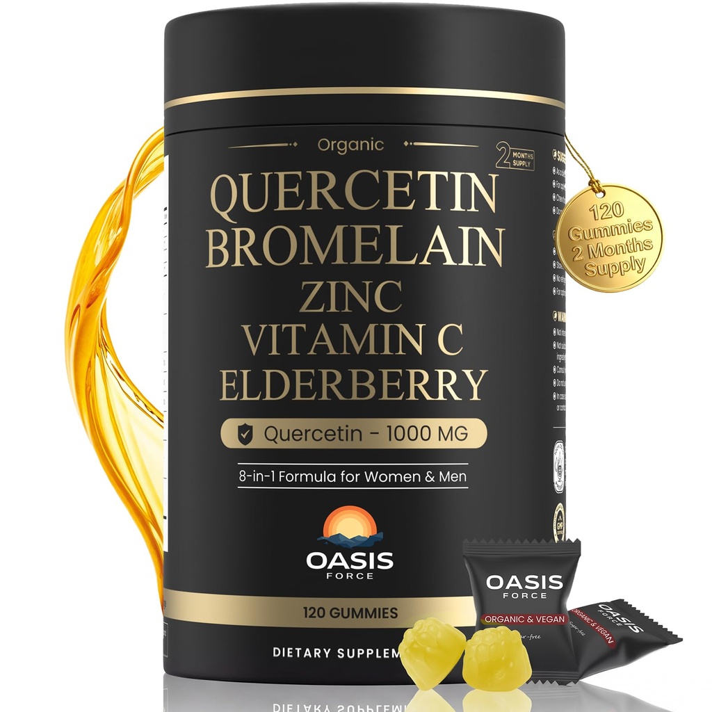 8-in-1 Quercetin with Bromelain Gummys 1000mg, 高概率有机Quercetin 补充 锌和维生素C, 老年莓, 季节性健康与免疫支持, Vegan, 无糖, 120 Gummys