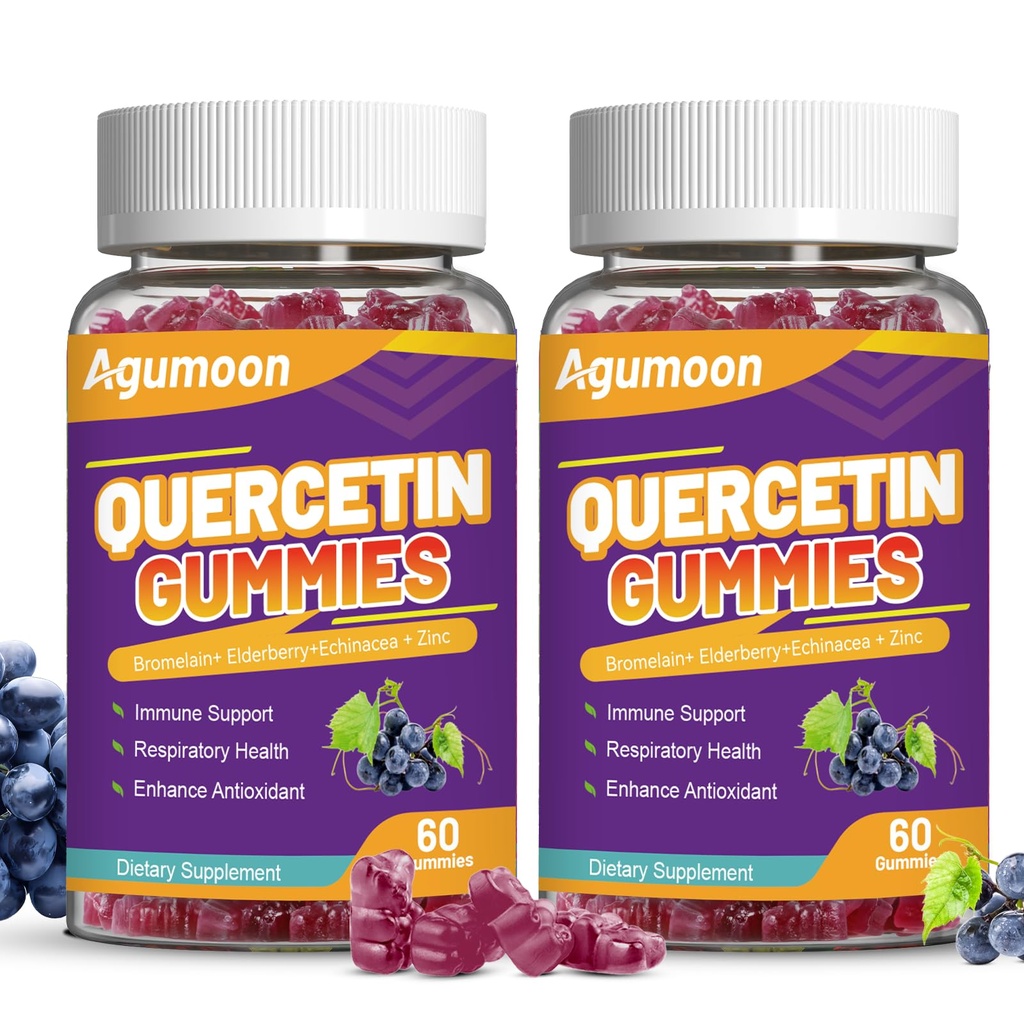 2 Pack Quercetin Gummys,1000mg Quercetin 与布罗姆兰锌草莓,Immune和抗氧化剂支持, Vegan Gummys 成人和孩子, 120 计数