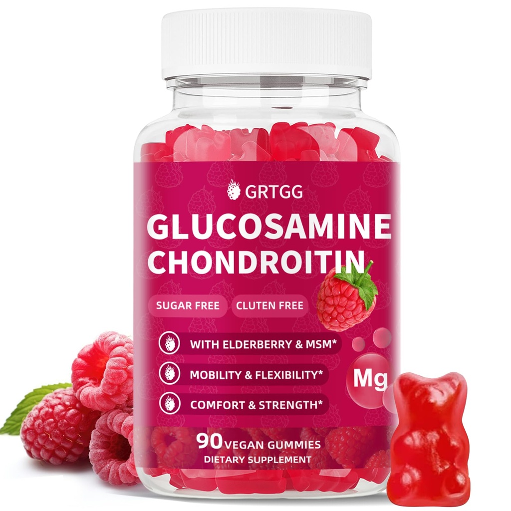 Glucosamine Chondroitin Gummys配有MSM和Merderberry Extra Power 3000MG——成人、男子和妇女联合支助、抗氧化剂免疫辅助剂——90 Raspberry Gummys