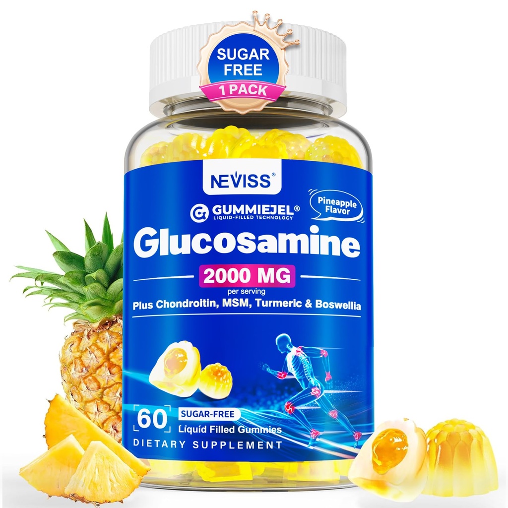 无糖甘氨酸(Glucosamine Chondroitin MSM Gummys) - 女性和男性最大强度流动性补充剂 w/ Glucosamine Sulfate 2000mg, Boswellia, Curcumin & Hyaluronic酸 - 弹性支持 - 60Cts
