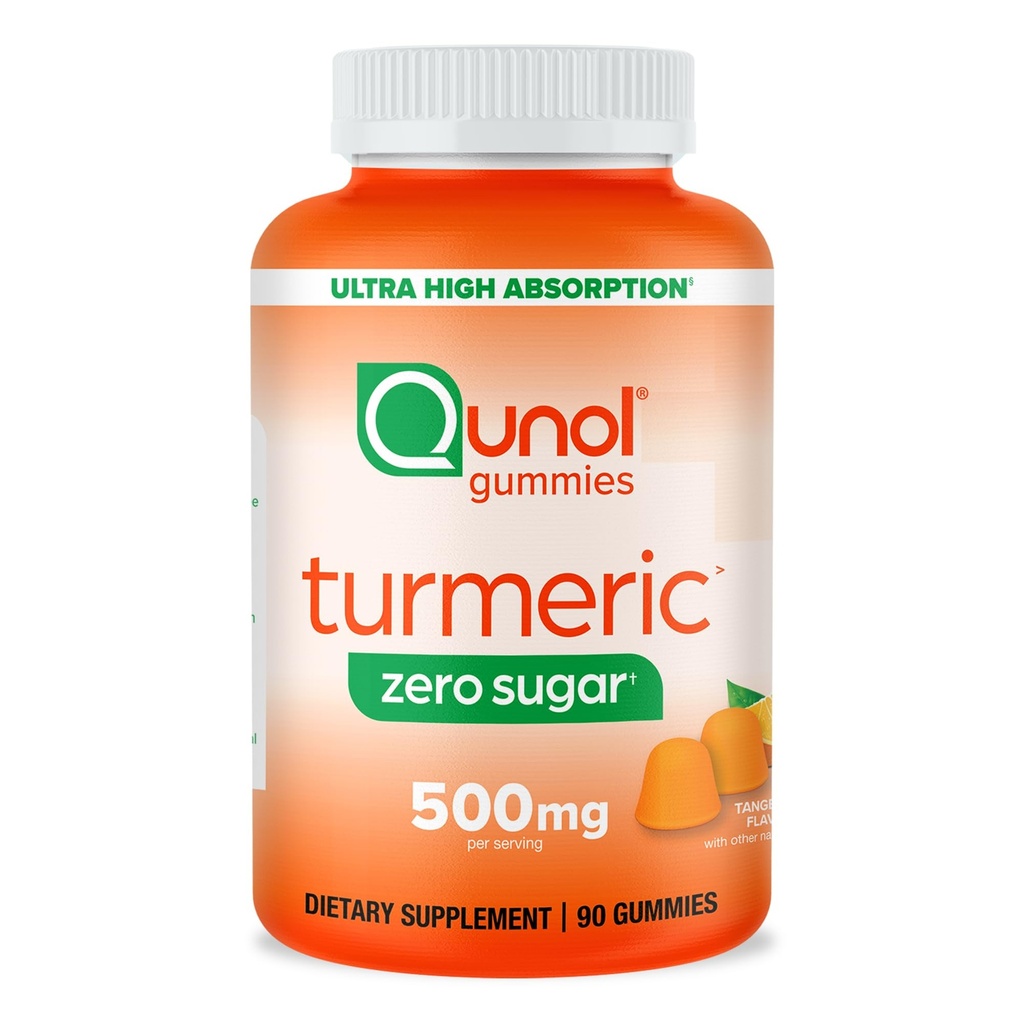 Qunol 零糖图尔姆葡萄酒,Gummy 配有500mg Turmeric Curcumin,联合支持补充剂,超高吸附图尔姆葡萄酒,蔬菜,Gluten Free, 90 Counter
