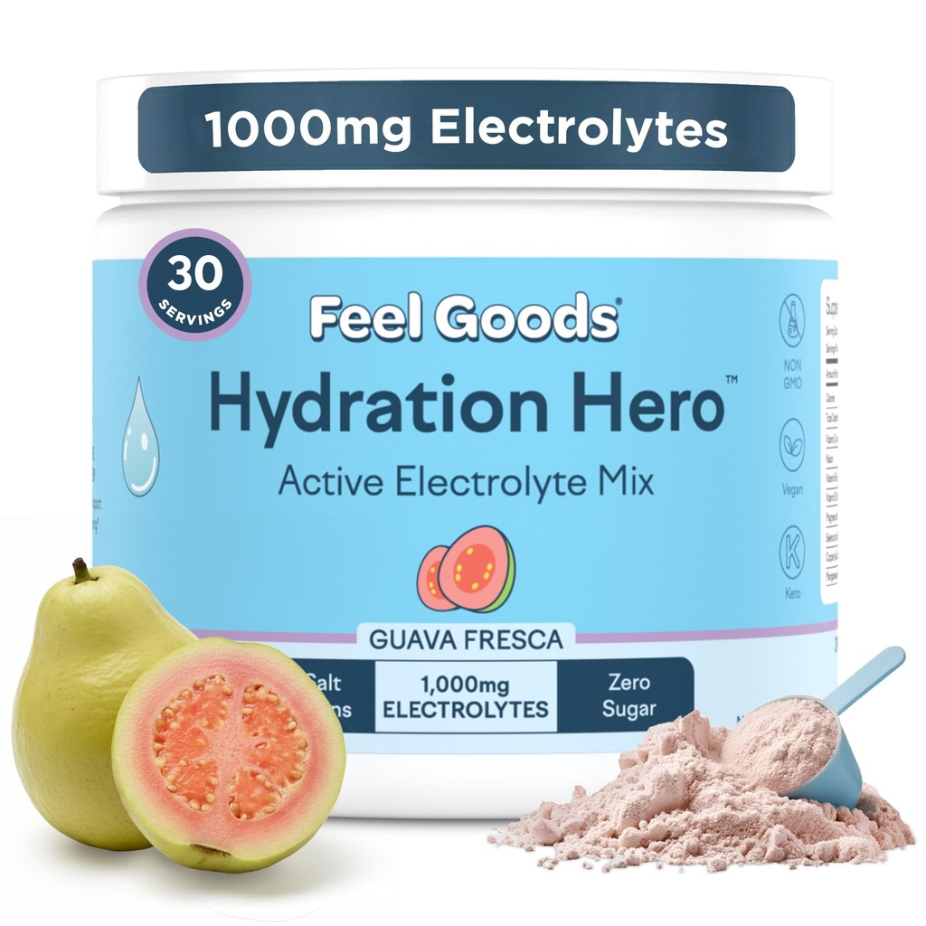 Feel Goods Heltion Hero,1000mg 电解石粉,无糖,镁,有机Aloe Vera,有机Aloe,L Theanine,维生素C & B12,非转基因生物,Keto,Vegan | Guava Fresca, 30 services