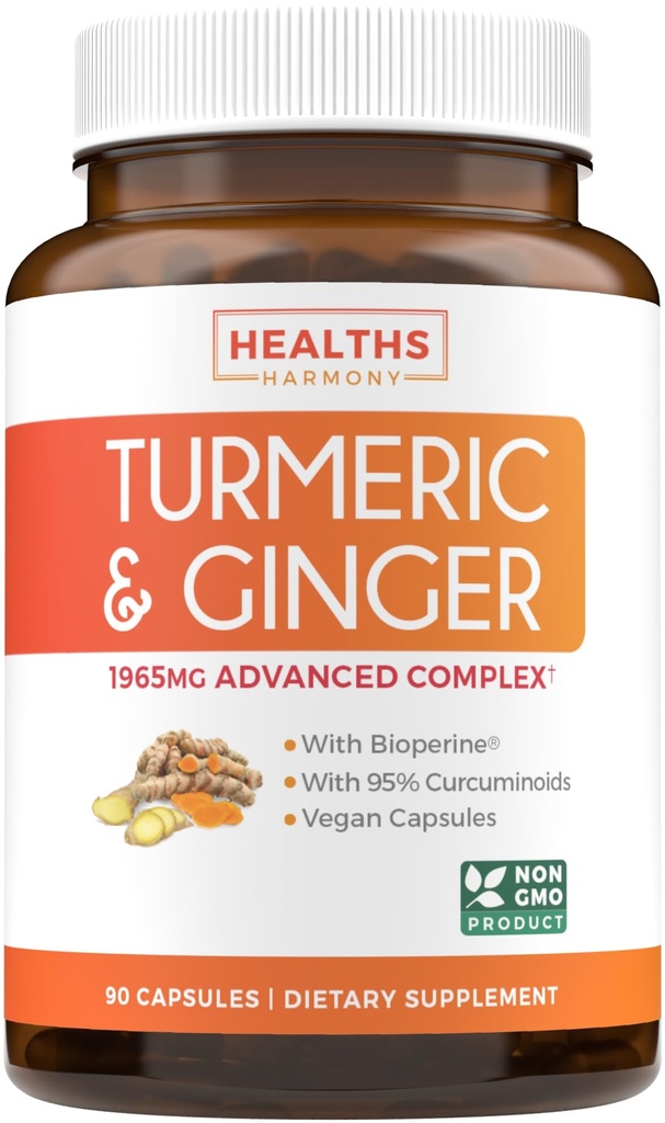 Turmeric和Ginger Supplement(非GMO) 1980mg Service - Turmeric Curcumin with Black Pepper Bioperine, Ginger Extract, 和 95% Curcuminoids Powder - Tummer 联合支助补编 - 90 Capsules