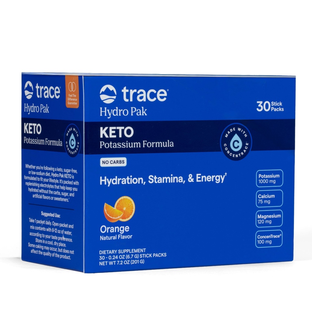 追踪矿物 Pak Keto 水 - 电解液补充 饮料混合剂 - 1000 mg 钾+ 70 支持能源, Stamina, & 水分 - 橙色 Flavor 30 服务
