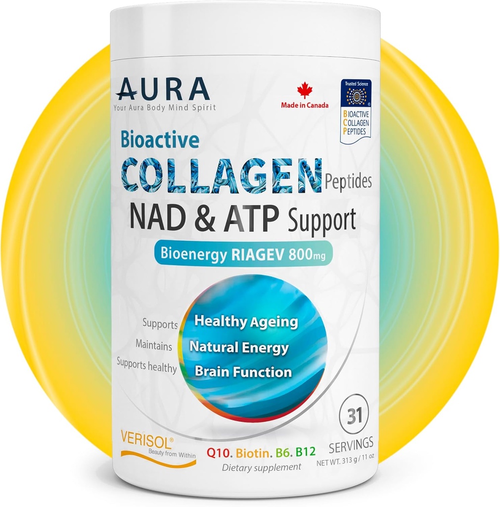 AURA VERISOL 生物活性Collagen Peptides 配有专利NAD+和ATP助推器的粉末,高级细胞复发系统,健康老化和DNA修复,不喜爱,在加拿大制造,31种服务品.