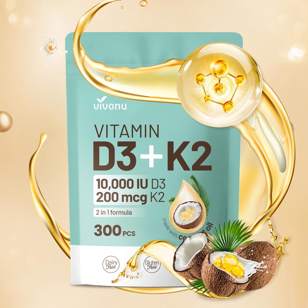 维沃努维生素D3 K2 1000 IU配有MK7-300 Virgin Coconut Oil Softgel, 2 in 1 Vitamins D & K Complex → Vitamina D3 con K2((1Bag))
