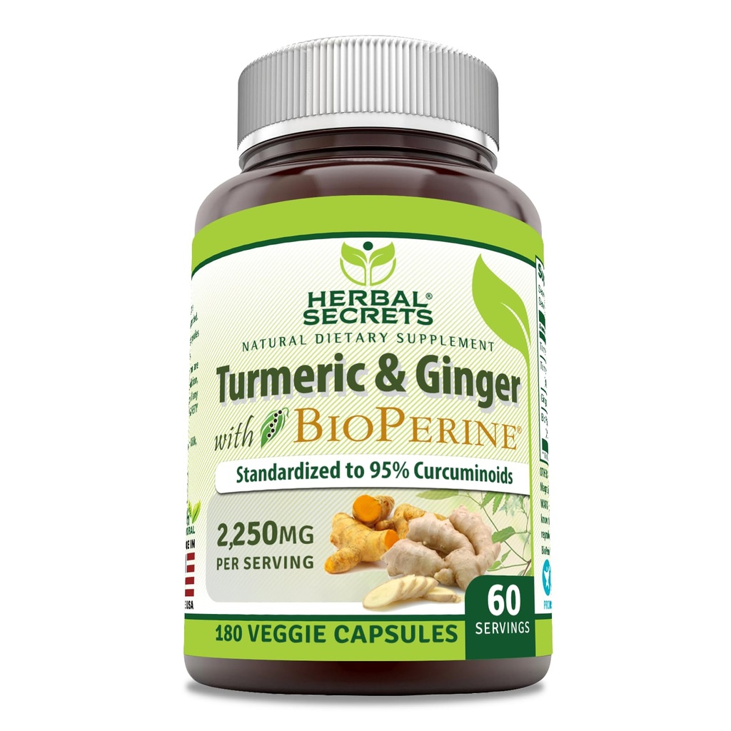 草药秘诀 Turmeric Curcumin & Ginger 配有 BioPerine 补充品 → 2,250 Mg Per Service → 180 Capsules → Non-GMO → Gluten Free → 在美国制造