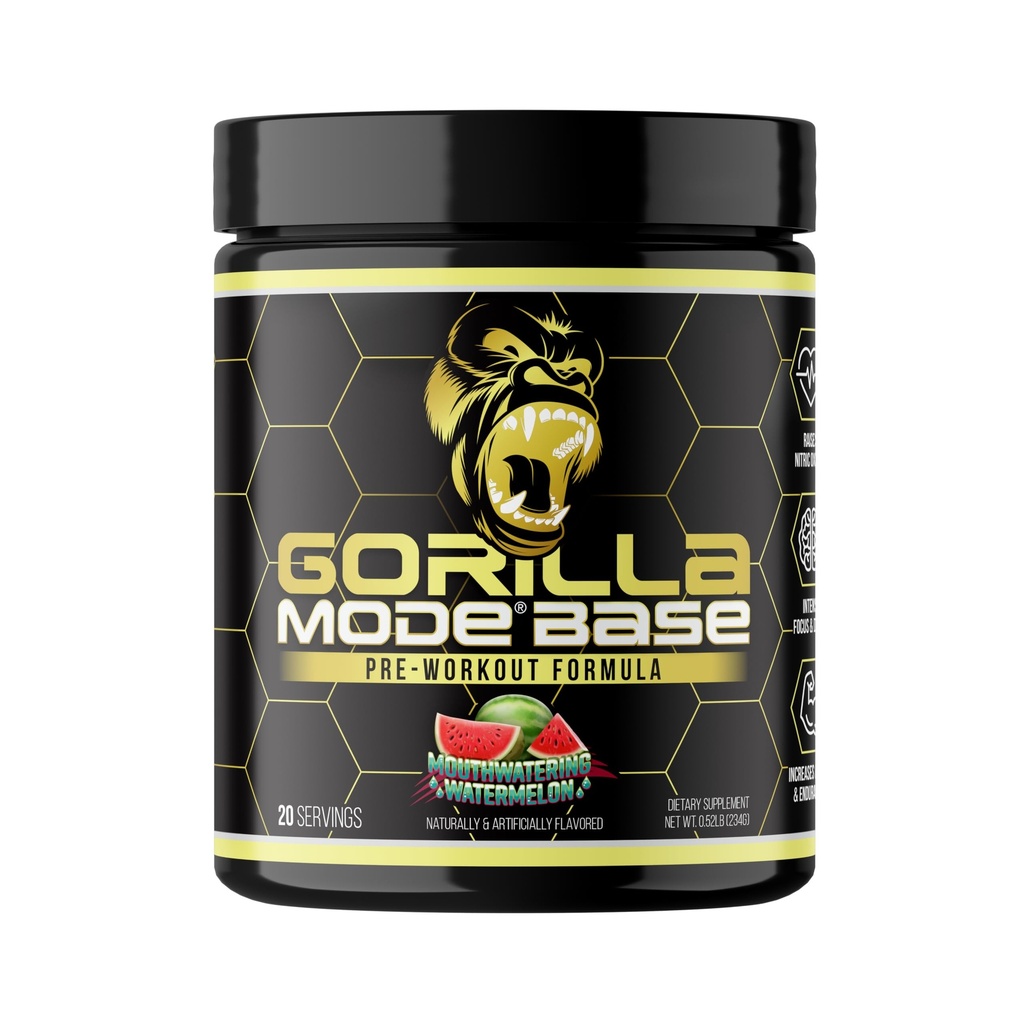 Gorilla Mode Base Pre Workout - 抬高硝基氧化物 – 强度焦点和驱动力 – 耐力 – 动力 – L-Citrulline, L-Tyrosine, Betaine, Alpha-GPC, Cafeine, Huperzine A - 234g (流水西瓜)