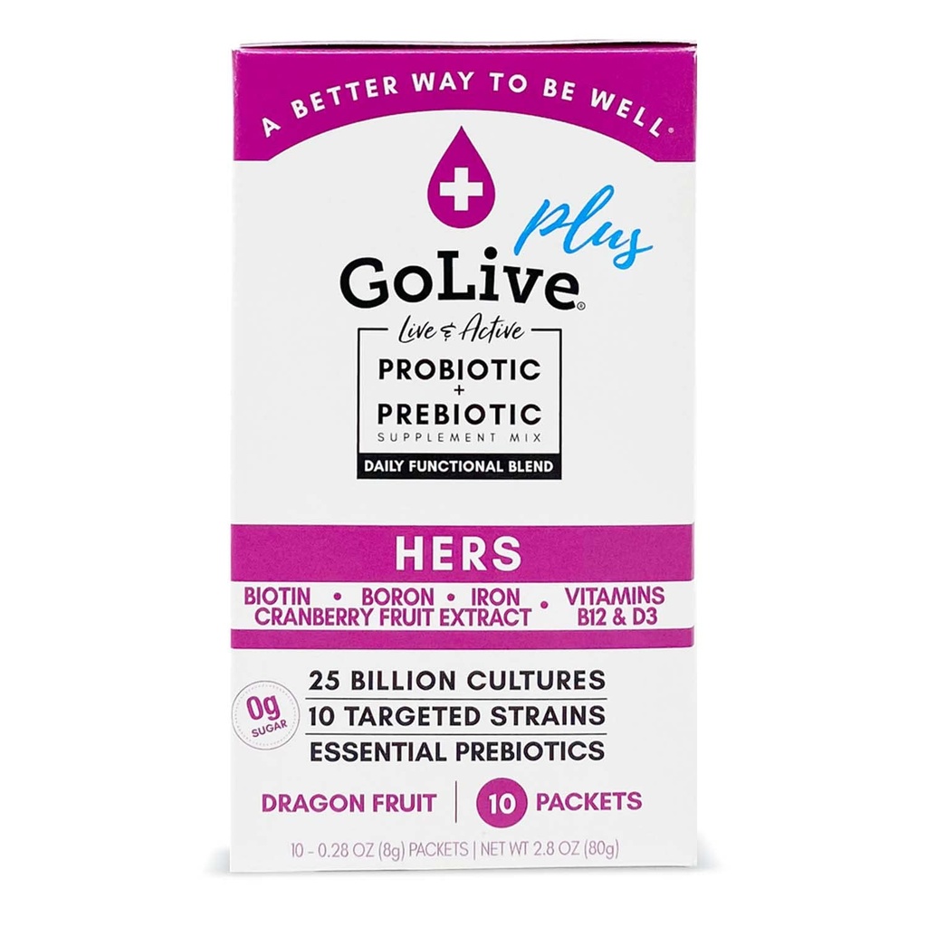 GoLive Probiotic for Women - 无糖共生粉与Prebiotics, Cranberry, Biotin, B12 & D3–25亿 CFU, 10 Clinical Strains - 支持阴道,消化,UT & Immune健康