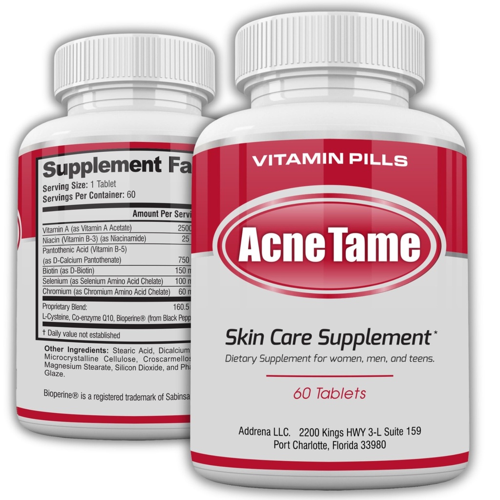 Acne Pills - Acne Tame 补充剂 - 清皮肤维生素药用于油性皮肤治疗,Hormonal Blemishes, Anti Spots & Cystic Acnes 补充剂用于女性,男性,青少年和成年人 - 60张口服药片