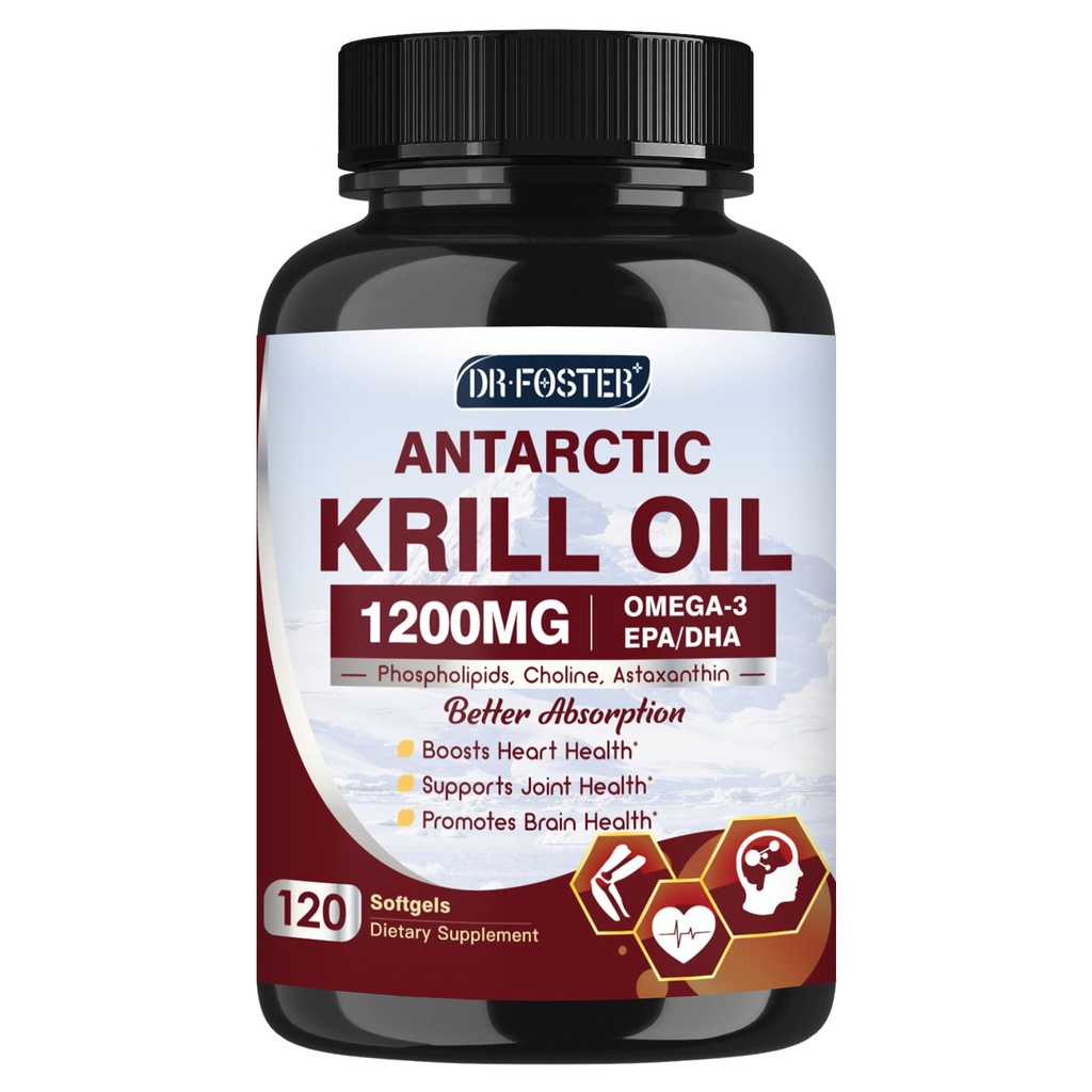 Krill Oil 1200mg, 南极Krill Omega 3 配有EPA, DHA, Astaxanthin & Phospolipids for Heart & Brain & United Health, No Fishy Aftertaste,120 软胶(60种)