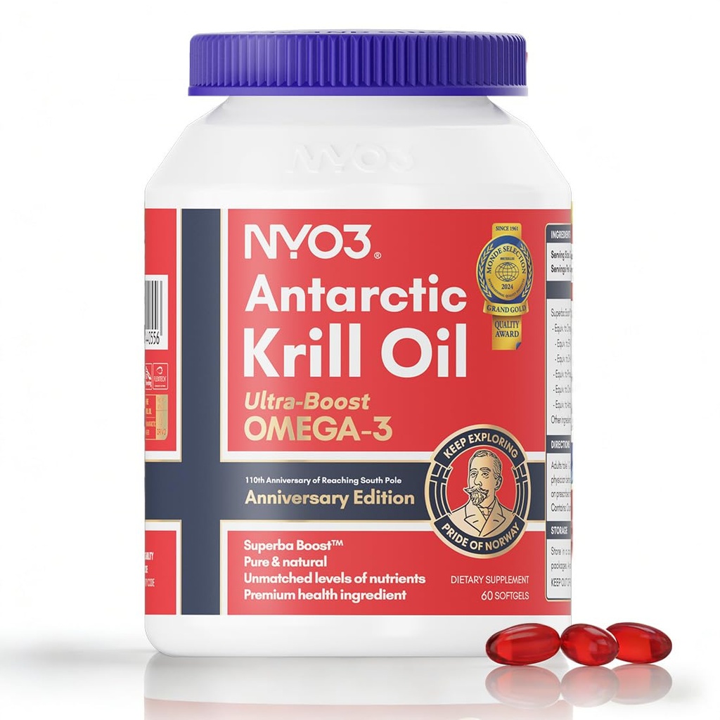 NYO3 Krill Oil 1000mg Omega 3 补充品,56%的磷脂用于98%的吸收,南极超级ba Boost Krill Oil,High EPA & DHA用于心脏血脂健康,无鱼脂,60软胶
