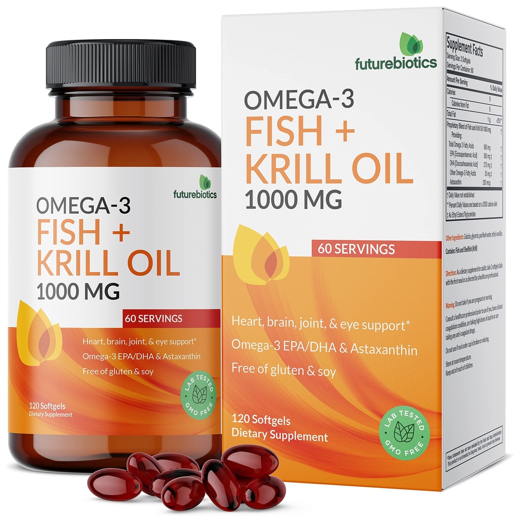 未来生物(Omega-3) 鱼 + Krill Oil 1000 MG Omega-3 EPA/DHA & Astaxanthin - 非GMO,120 Softgels(60架)