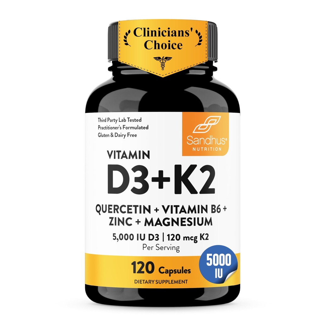 桑德胡的维生素D3 K2镁 5000 IU,120mcg K2 Capsules 120 Counter (Pack of 1) QQ 与VIT B6,锌和奎尔塞廷 QQ D3K2 支持高级吸收,能源,免疫,肌肉 男女健康