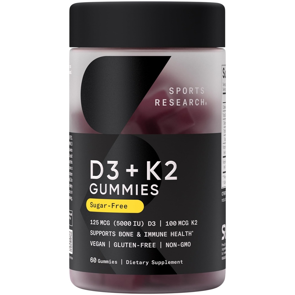体育研究 维根维生素 D3 + K2 无糖胶 - 125mcg(5000iu) 维生素 D w/ 100mcg Mk7 维生素 K - 支持骨和免疫健康 * - 维根认证 – 非GMO – 豆类免费 - 60个计数