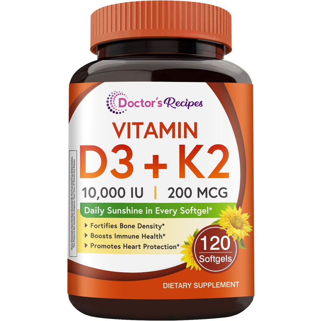 医生的食谱 维生素D3 K2,10,000 IU,200 mcg,MK-7,强骨密度,牙齿,免疫,心脏支持,能量,钙吸收,无豆和胶,非GMO,120软胶
