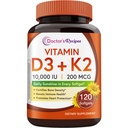 医生的食谱 维生素D3 K2,10,000 IU,200 mcg,MK-7,强骨密度,牙齿,免疫,心脏支持,能量,钙吸收,无豆和胶,非GMO,120软胶