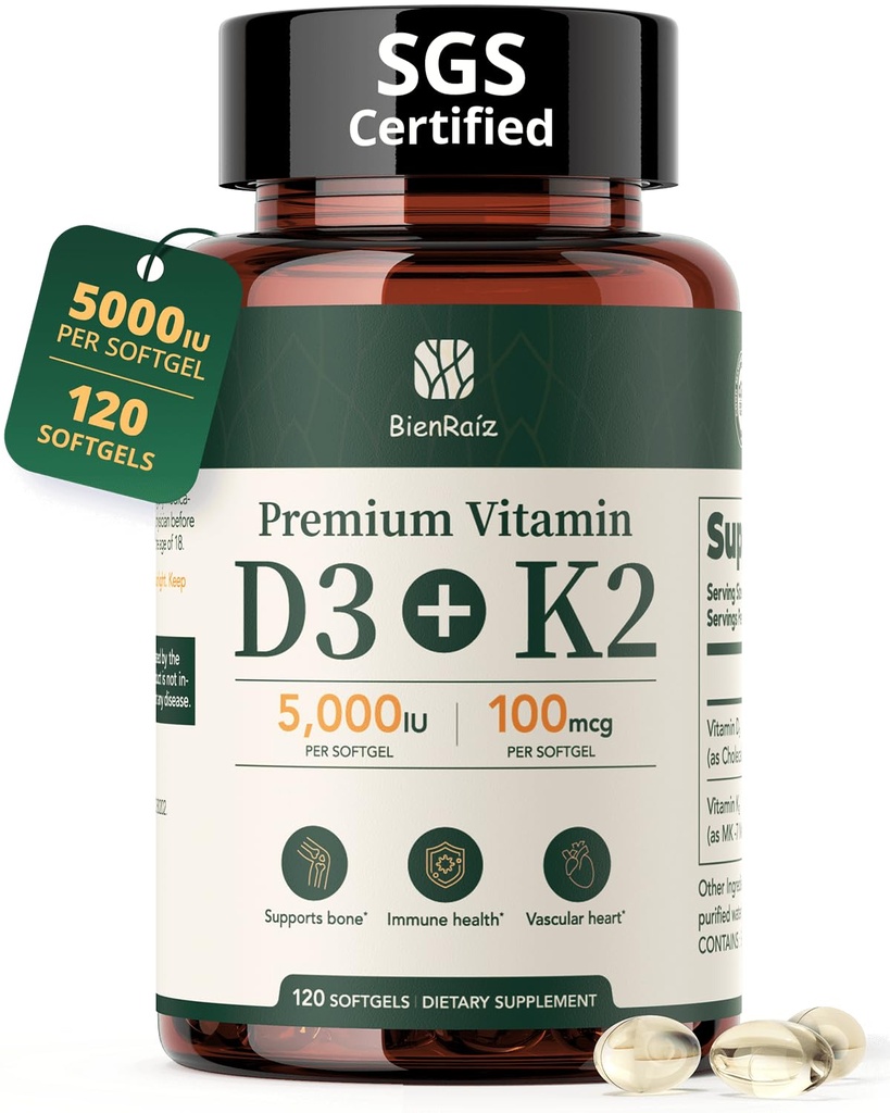 维生素D3 K25000IU 100mcg MK-7,120 Softgels, 2-in-1 K2 D3 维生素补充 骨质健康,免疫支持,更好的钙吸收,容易吞咽, One Daily, 120日供