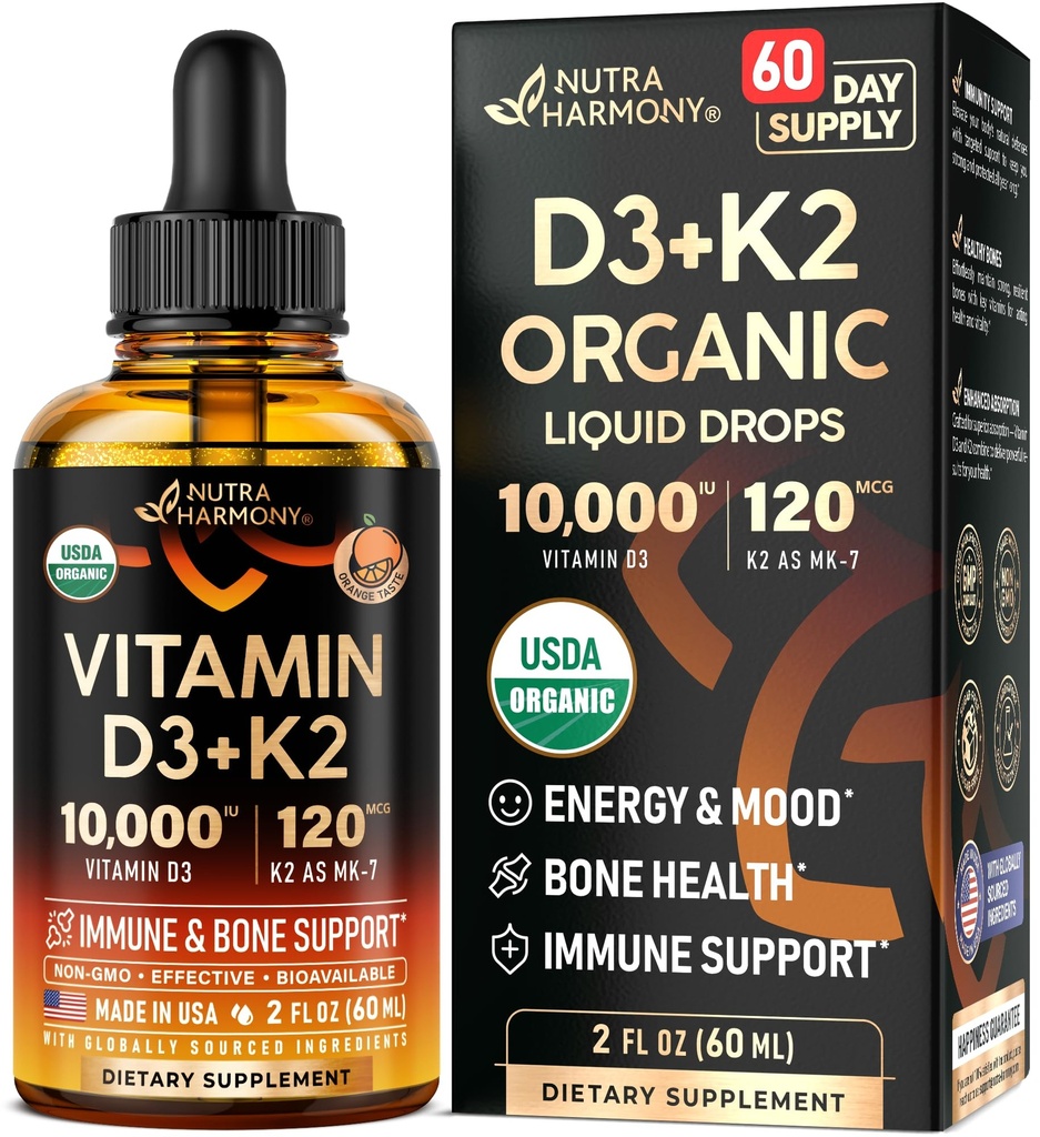 维生素D3 K2 USDA有机滴水 - 维生素D3 1000 IU & K2作为MK-7 120mcg - Immune & Mood支持,骨和牙齿健康 - 无糖橙汁 - 液体补充 - 在美国制造 - 2 FL OZ,60天