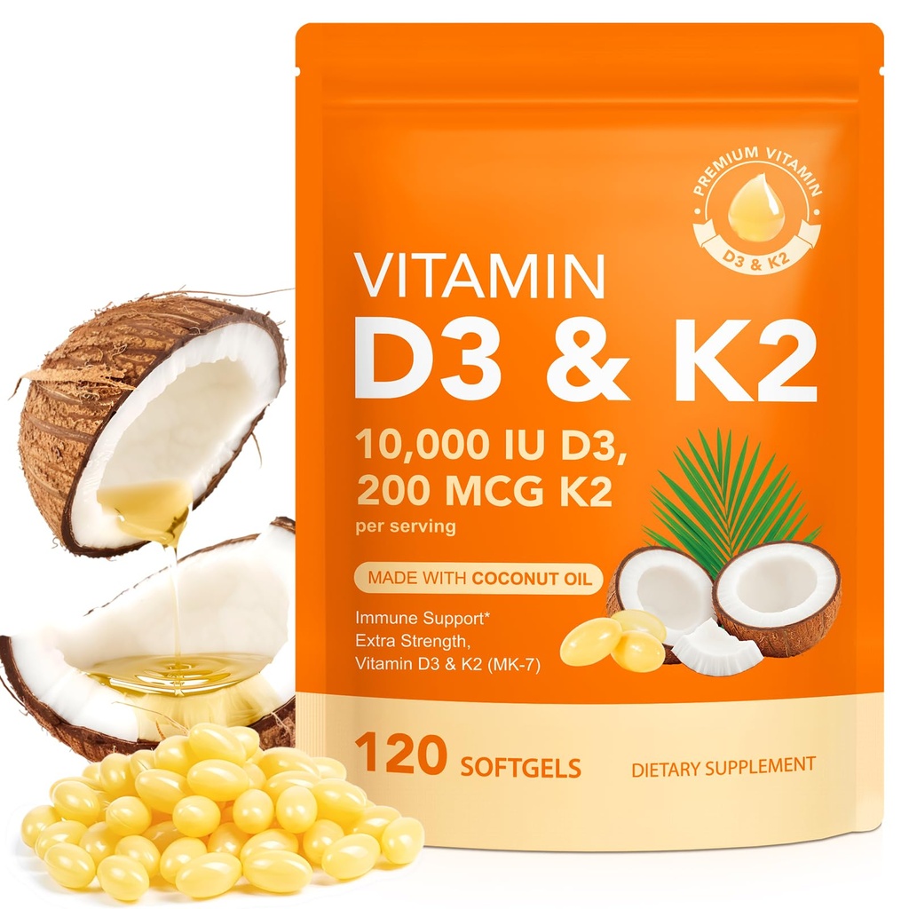 含椰油的维生素D3 K2 - Vegan Vitamin D3 & Mk7 维生素K2 for Bone & Immune Support - 非GMO,Soy Free - 120 Softgels