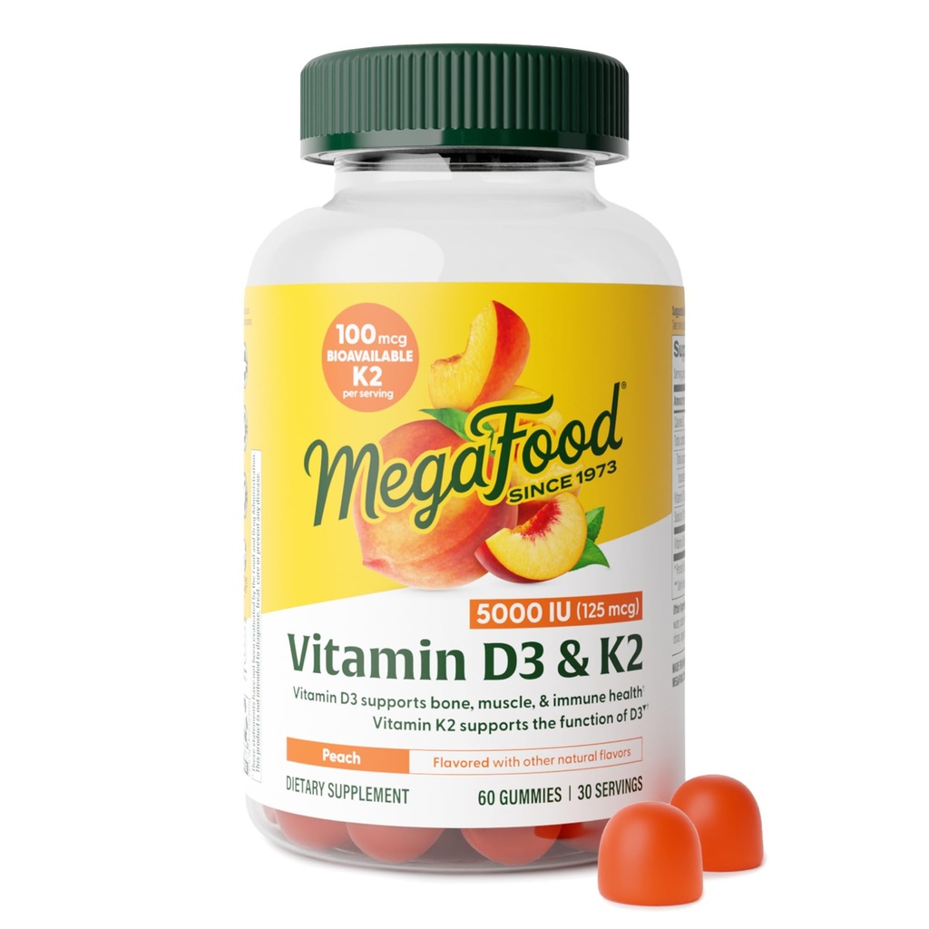 Megafood Vitamin D3 K2 Gummys - Vitamin D 5000 IU for Bone & Immune Health Plus 对最佳钙吸收的支持 - Peach Flavor, Pectin Based - 60 Vegetarian D3和K2 补充品,30种服务