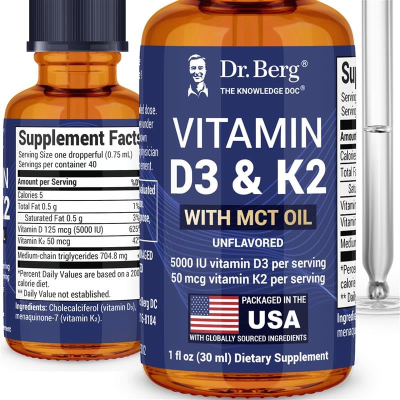 Berg博士 最大强力维生素 D3 K2 液滴与MCT Oil – 5,000 IU 液体维生素 D3 与 K2 – 支持强力骨骼,心脏,能量,豁免和整体生命力* - 不受欢迎的 1 Fl Oz