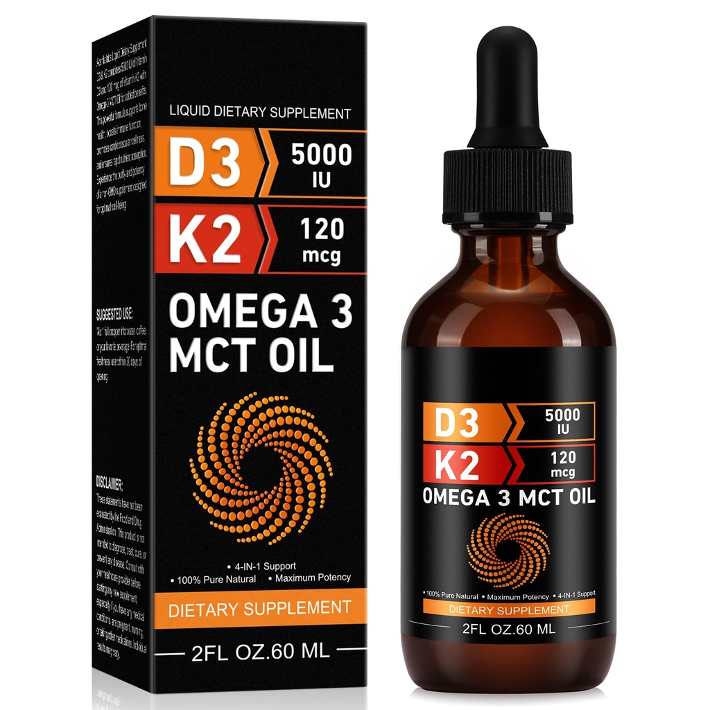 维生素D35,000 IU & K2(MK-7) 120 mcg 60ml 与MCT Omega 3,液体维生素D3 & K2 补充剂 - 2个月供应 - 支持骨头、牙齿、毛和免疫系统、钙吸收