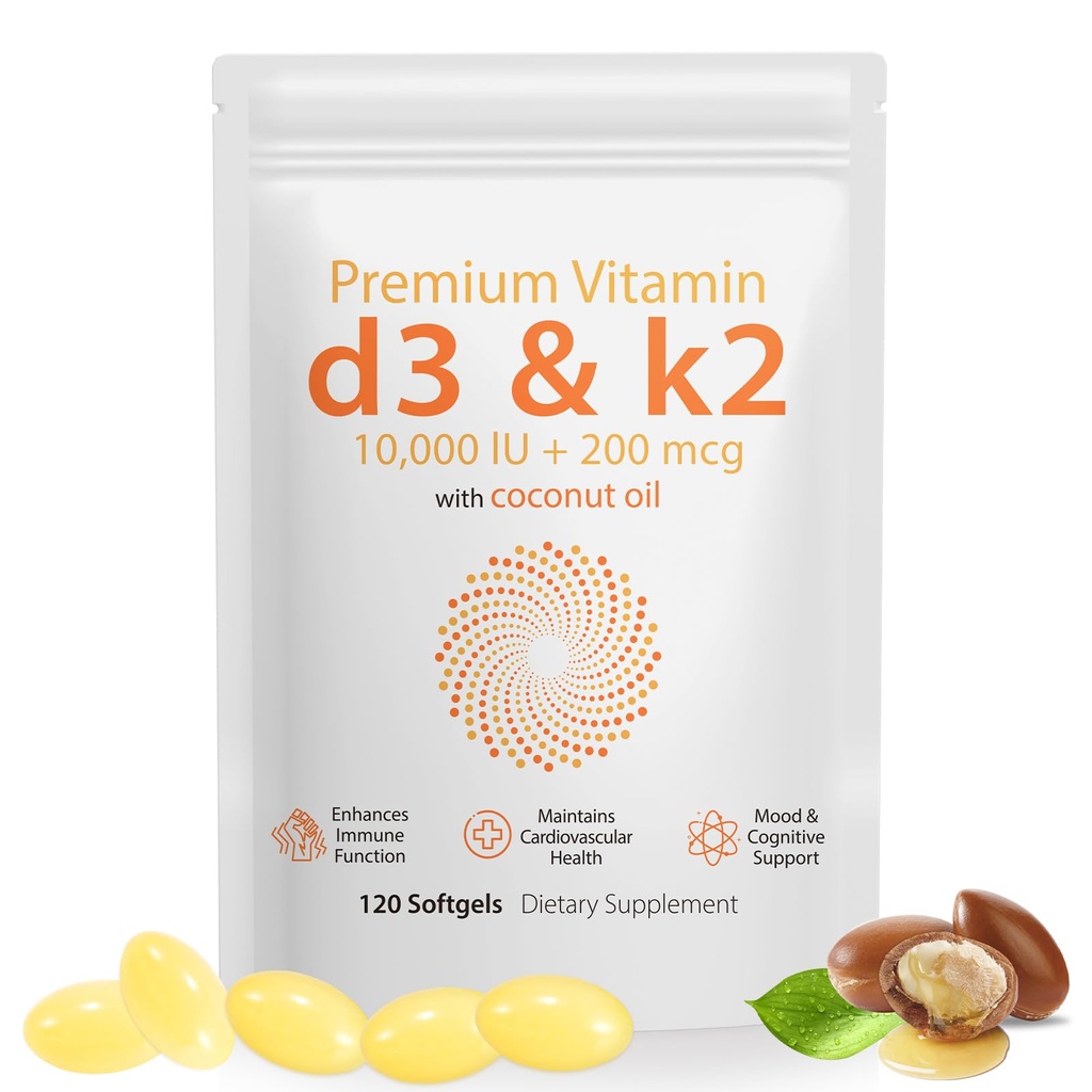 Daiasns维生素D3 K2 1000iu 支持肌肉和脑健康 - 高性能 D3 K2 辅助帮助 免疫和心血管支持 - 120 软胶