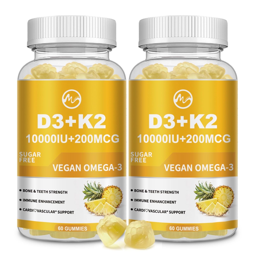 M英寸维生素D3 K2 Gummys,维生素D3 1000IU,K2(MK-7) 200mcg,6-in-1 Vitamina D3 con K2 与Omega-3 补充 男女-骨骼,牙齿和免疫支持,无糖,2包