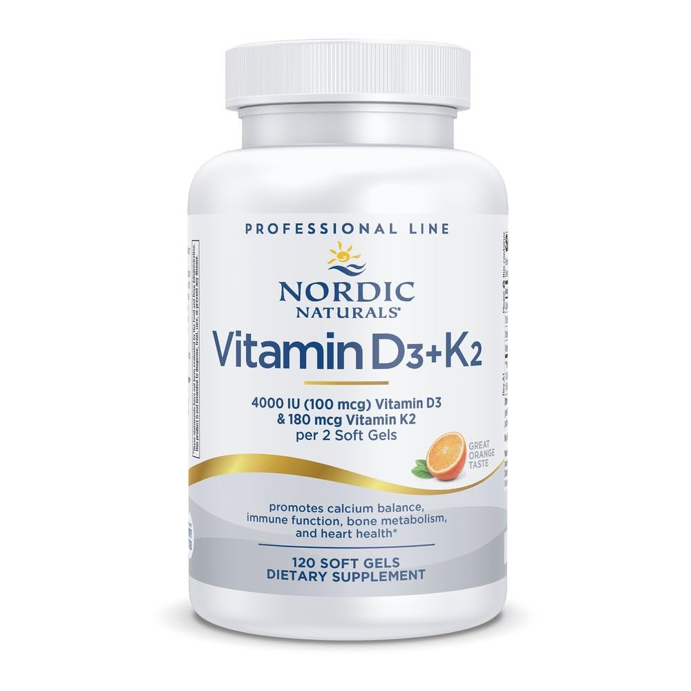 北欧自然专业等级 维生素D3+K2 补充剂,橙色Flavor - 60 Soft Gels - 4000 IU 维生素D3 & 180 mcg K2 促进钙平衡与免疫功能 - 非GMO - 30 服务